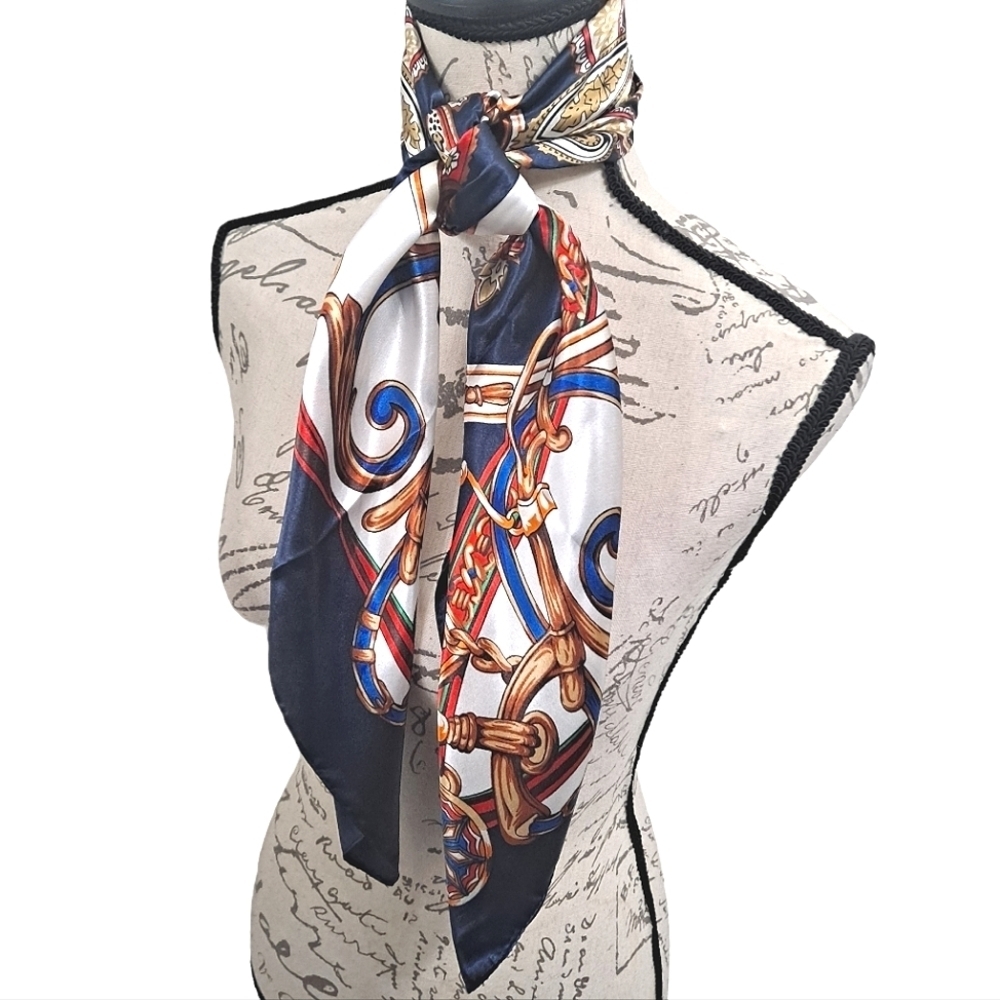 💖 2/$30 Satin oversized chain print blue boho paisley hair nautical Scarf NWT - Picture 9 of 13